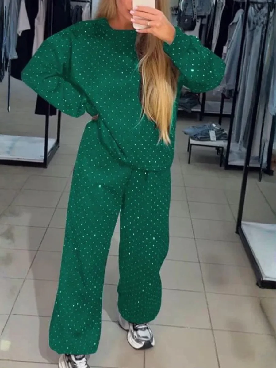 Damen Unifarben Nahtverarbeitung Zweiteiliges Set Täglich Langarm Lässig Frühling/Herbst Bluse mit Hose Matching Set