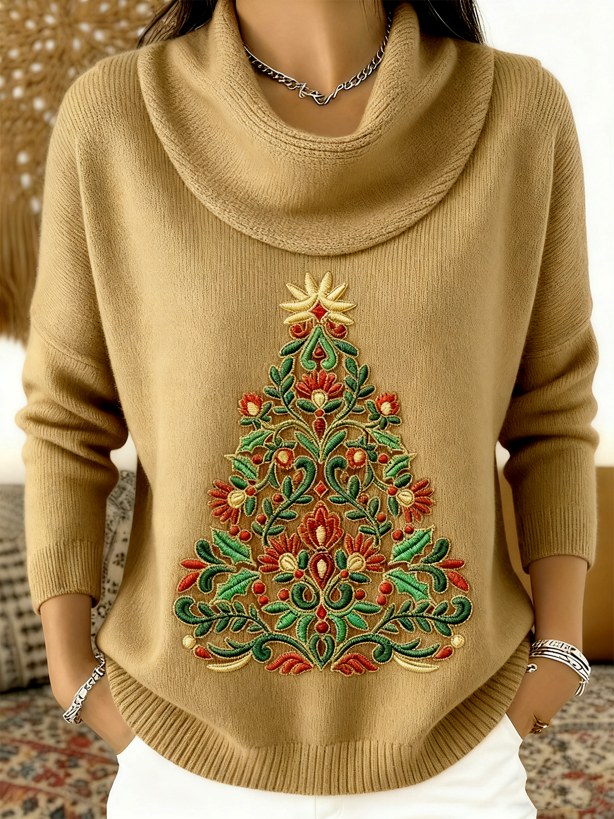 Damen Weihnachten Langarm Bequem Retro Pullover