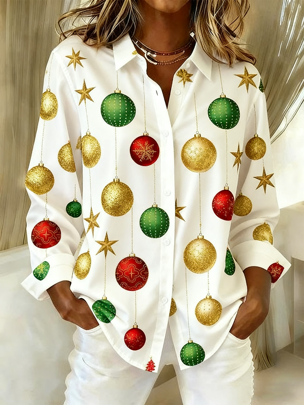 Schalkragen Langarm Weihnachten Regelmäßig Weit Bluse für Damen