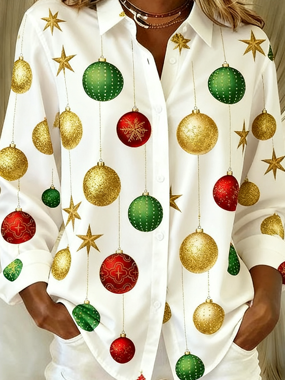 Schalkragen Langarm Weihnachten Regelmäßig Weit Bluse für Damen