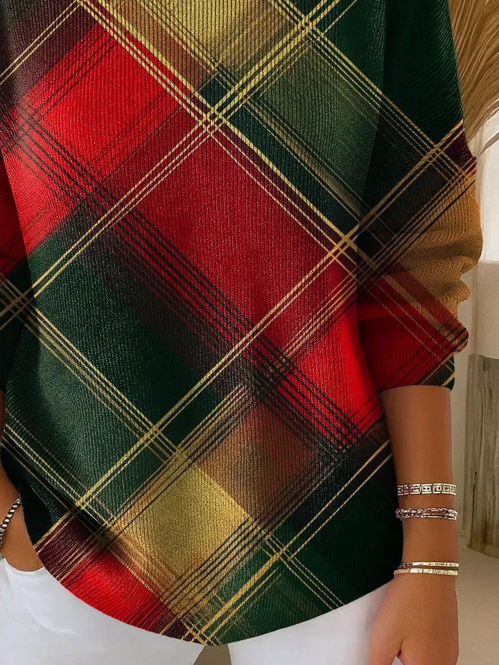 Damen Kariert Langarm Bequem Lässig Print Pullover
