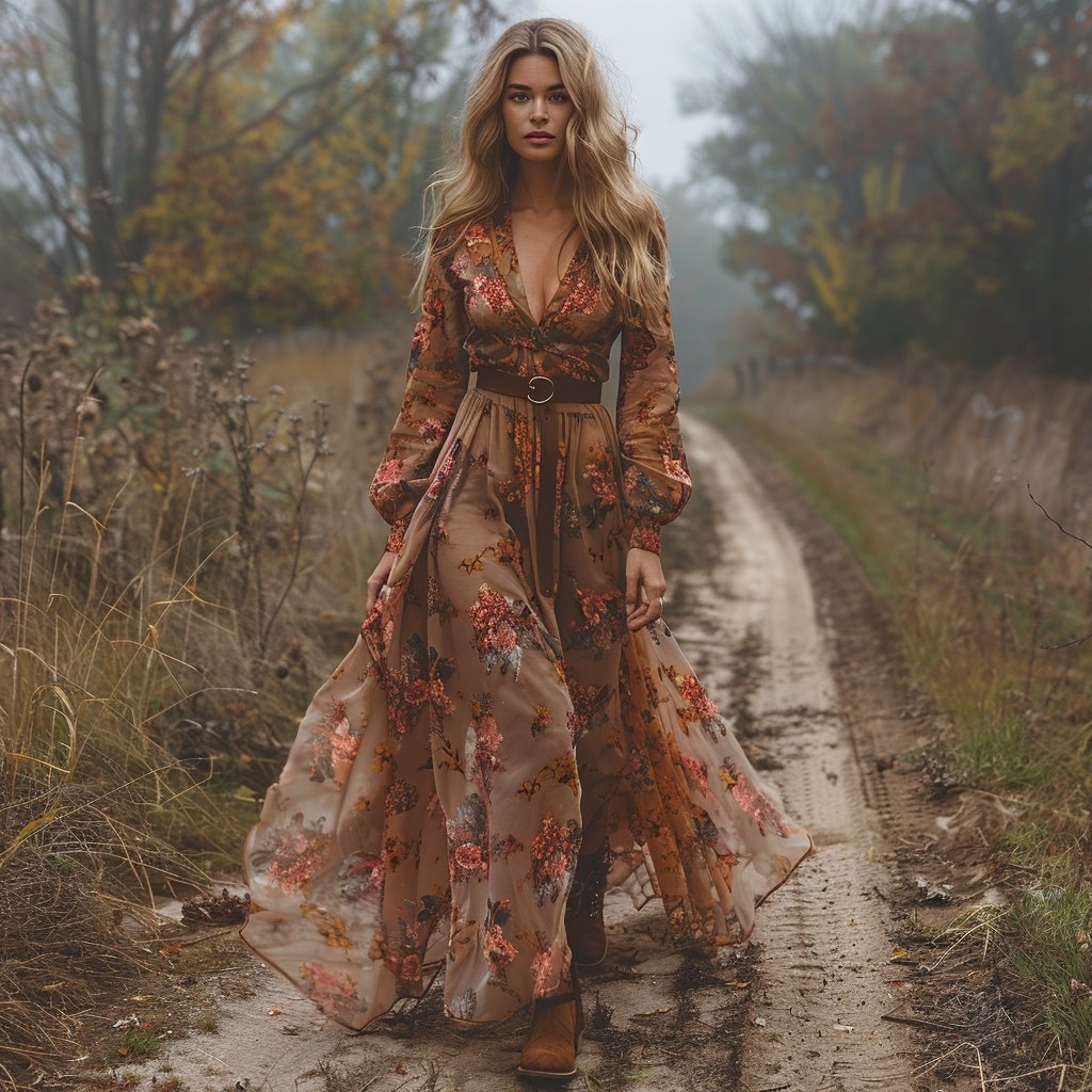 Damen Geblümt Frühling/Herbst Kleid V-Ausschnitt Langarm H-Linie Kleid