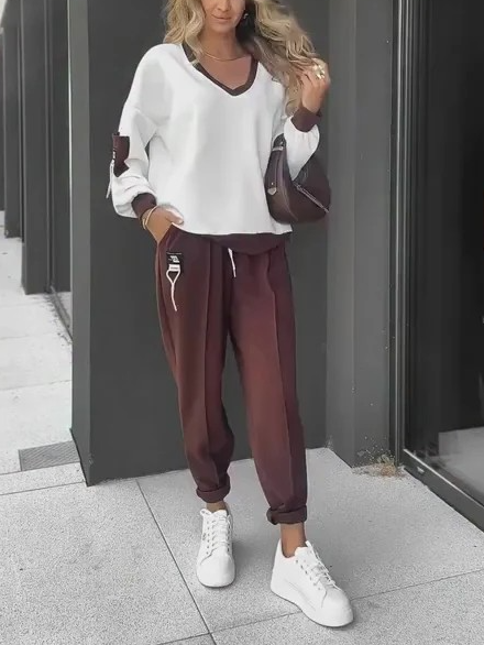 Damen Farbblock Zweiteiliges Set Täglich Langarm Lässig Frühling/Herbst Bluse mit Hose Matching Set