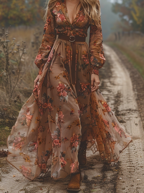 Damen Geblümt Frühling/Herbst Kleid V-Ausschnitt Langarm H-Linie Kleid