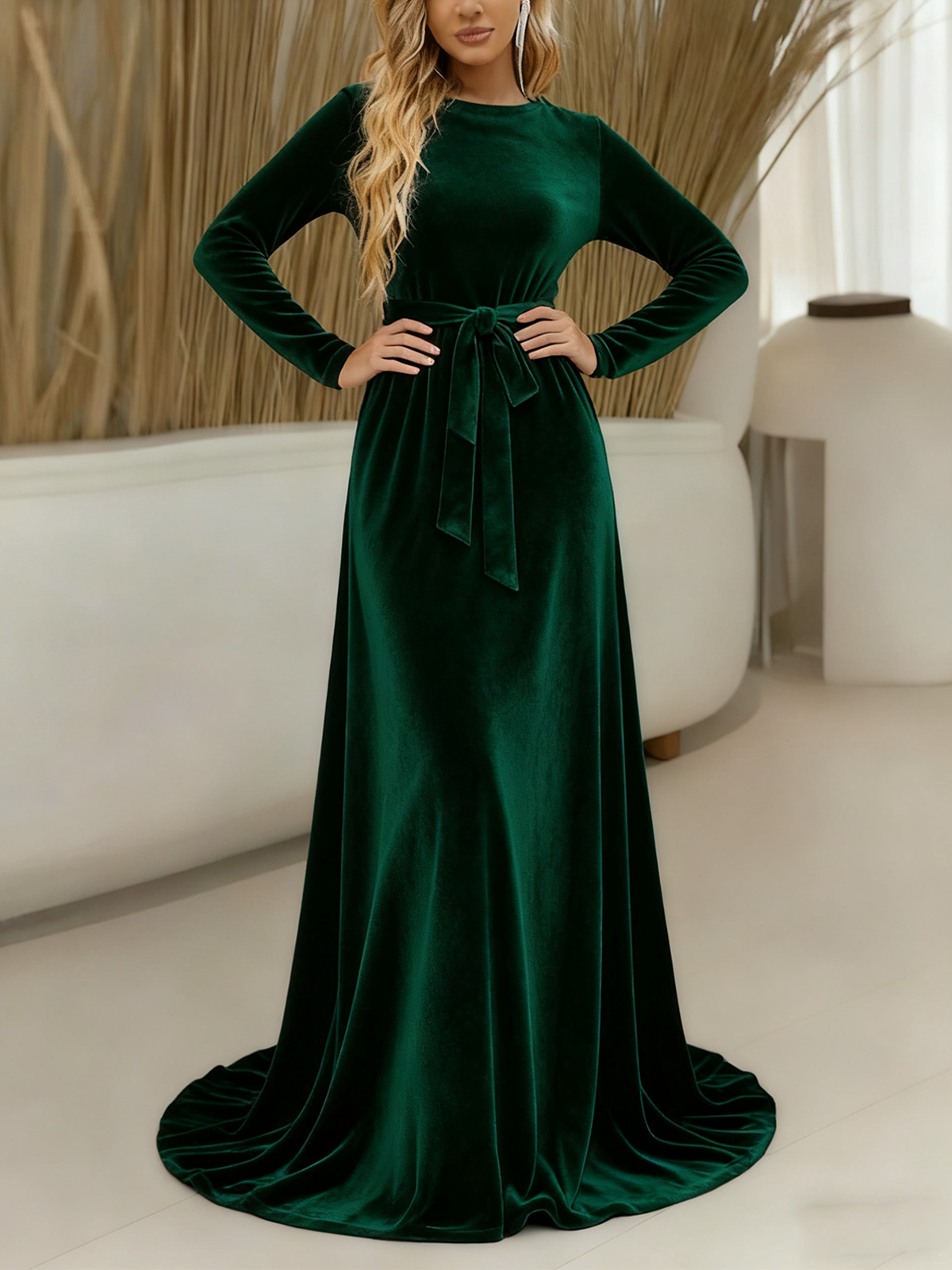 Damen Unifarben Sommer Kleid Rundhals Langarm A-Linien-Kleid