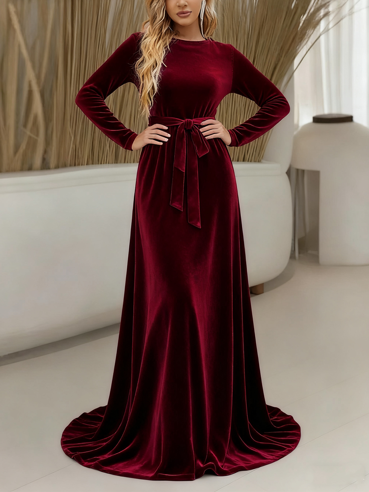 Damen Unifarben Sommer Kleid Rundhals Langarm A-Linien-Kleid