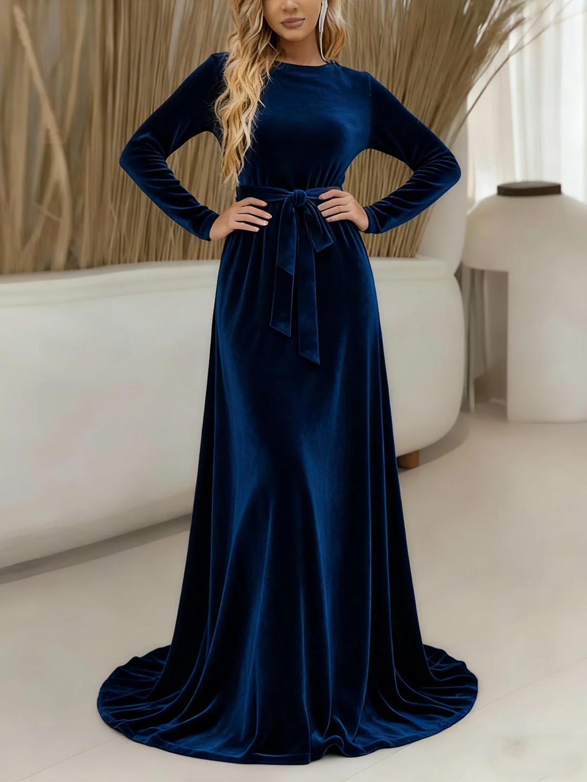 Damen Unifarben Sommer Kleid Rundhals Langarm A-Linien-Kleid