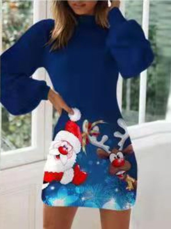 Damen Weihnachtsschneemann Ballon-Ärmel Frühling/Herbst Print Kleid Rundhals Langarm Hüftrock A-Linien-Kleid