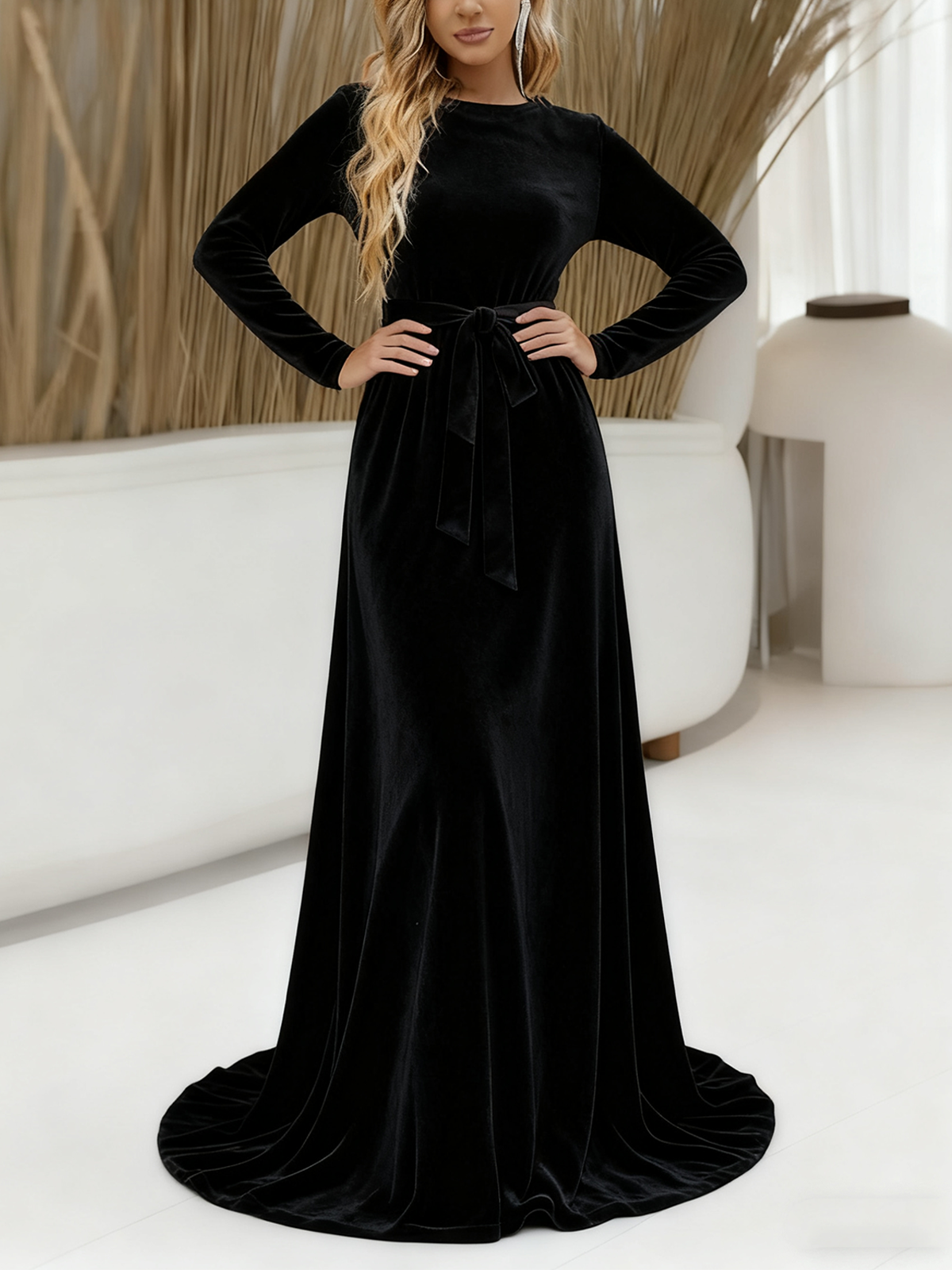 Damen Unifarben Sommer Kleid Rundhals Langarm A-Linien-Kleid