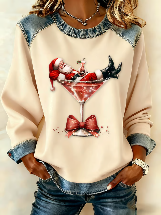 Retro Rundhals Weihnachtsmann Sweatshirt Print