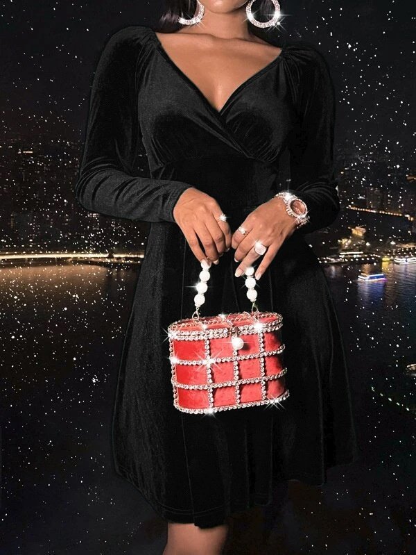 Damen Unifarben Frühling/Herbst Nahtverarbeitung Kleid V-Ausschnitt Langarm Party Kleid A-Linien-Kleid