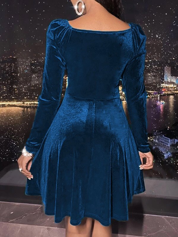 Damen Unifarben Frühling/Herbst Nahtverarbeitung Kleid V-Ausschnitt Langarm Party Kleid A-Linien-Kleid