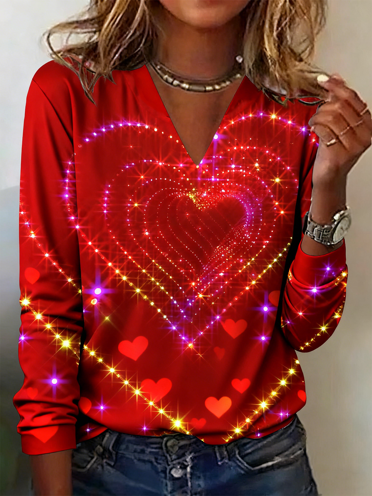 Lässig Verlaufsmuster V-Ausschnitt Langarm T-Shirt