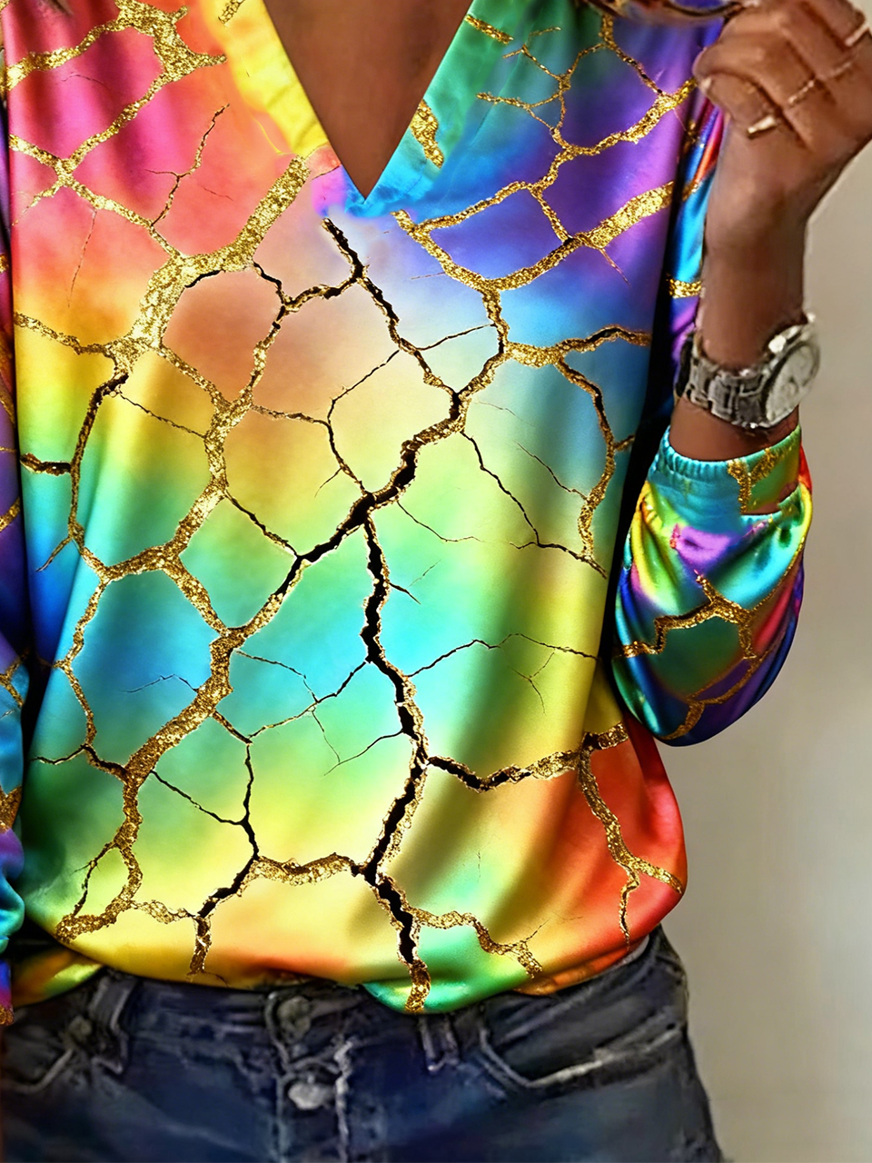 Lässig Geometrisch V-Ausschnitt Langarm T-Shirt