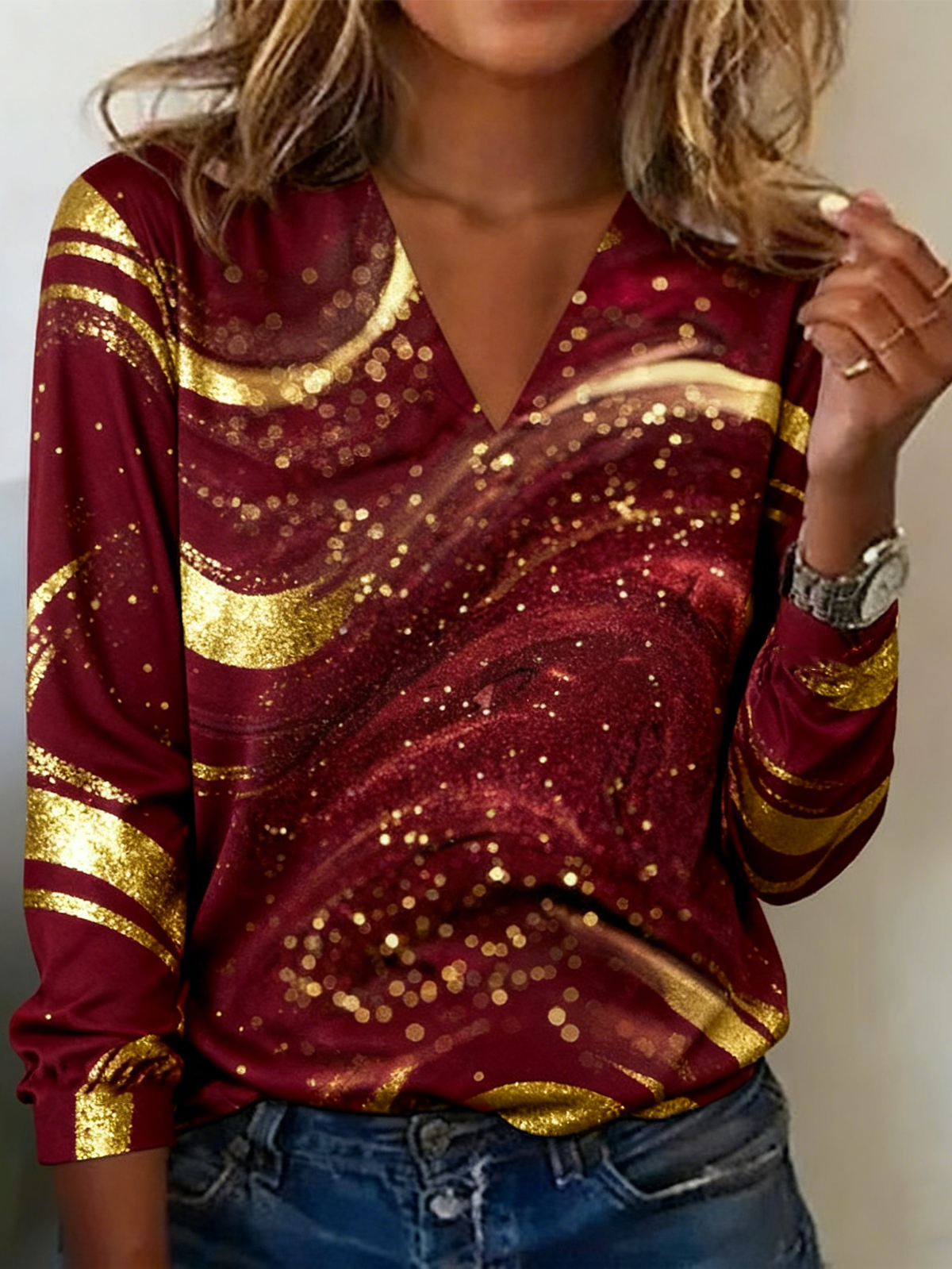 Lässig Gestreift V-Ausschnitt Langarm T-Shirt