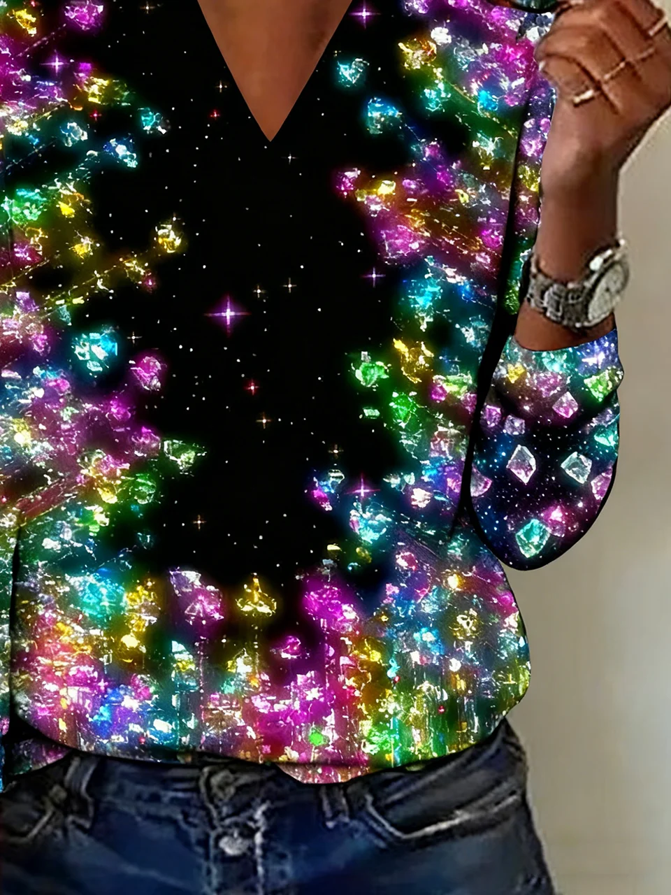 Lässig Verlaufsmuster V-Ausschnitt Langarm T-Shirt