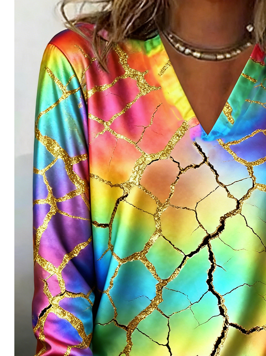 Lässig Geometrisch V-Ausschnitt Langarm T-Shirt