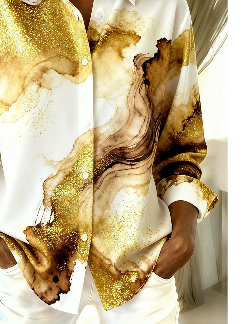 Hemdkragen Langarm Verlaufsmuster Regelmäßig Weit Bluse für Damen