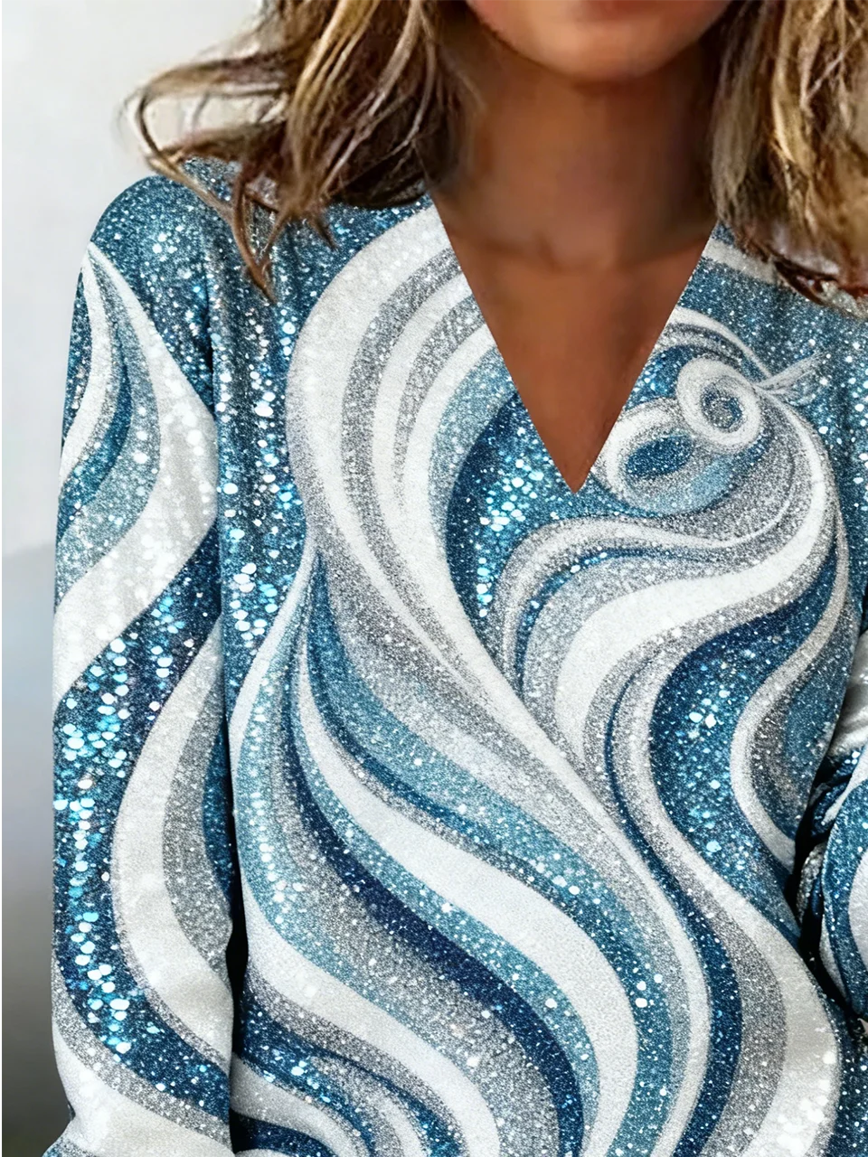 Lässig Gestreift V-Ausschnitt Langarm T-Shirt