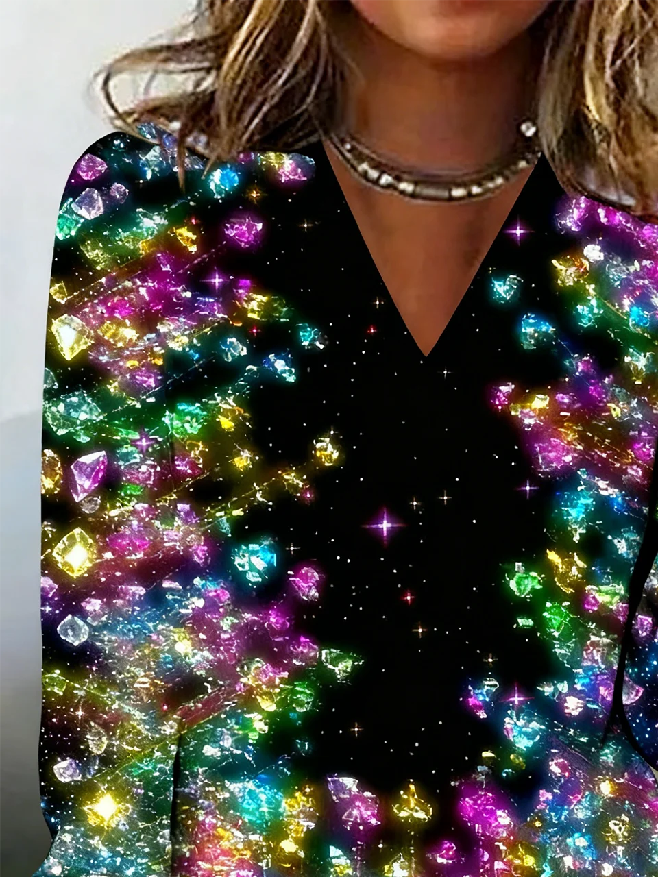 Lässig Verlaufsmuster V-Ausschnitt Langarm T-Shirt