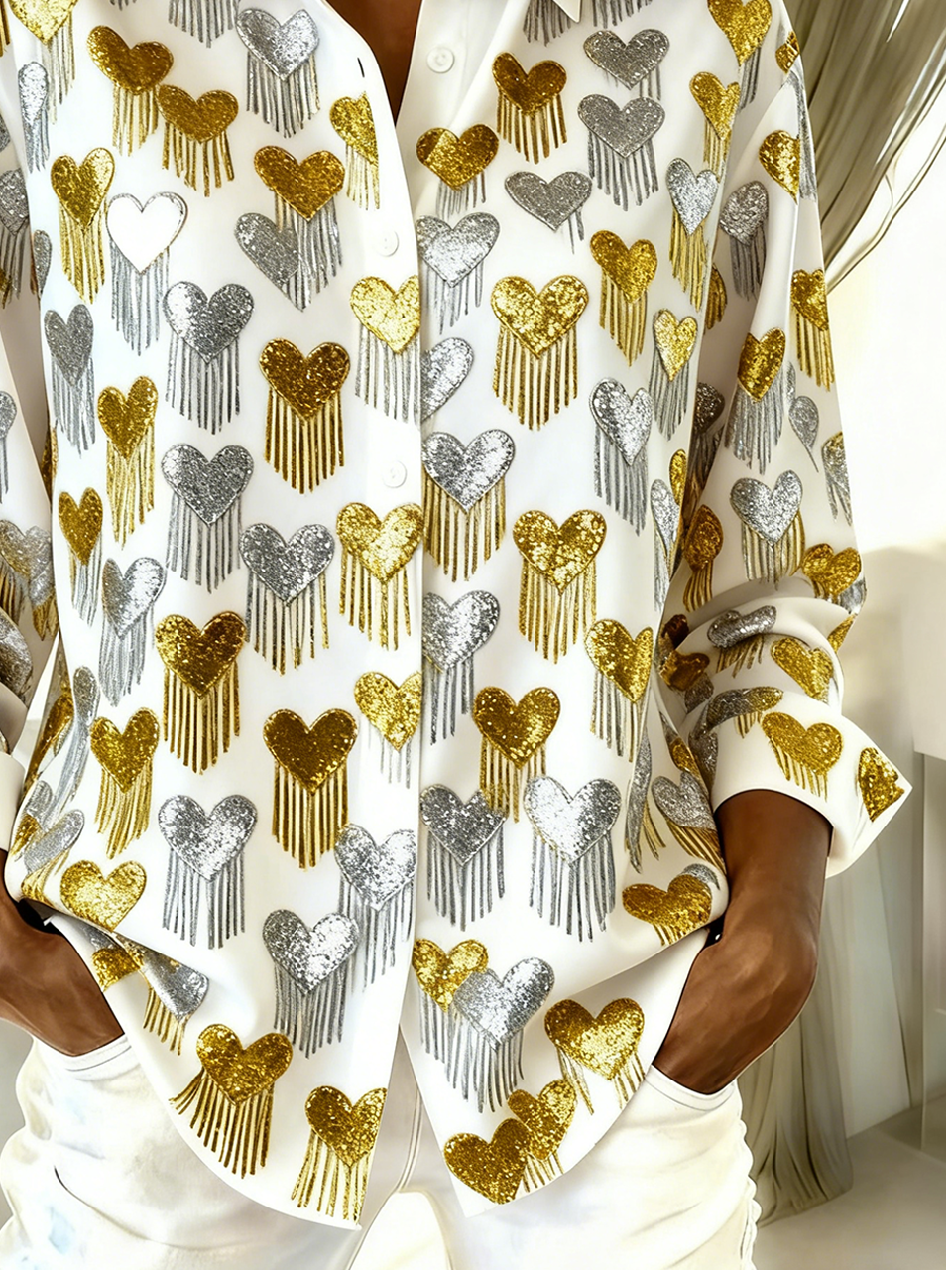 Hemdkragen Langarm Herz/Herz Regelmäßig Weit Bluse für Damen