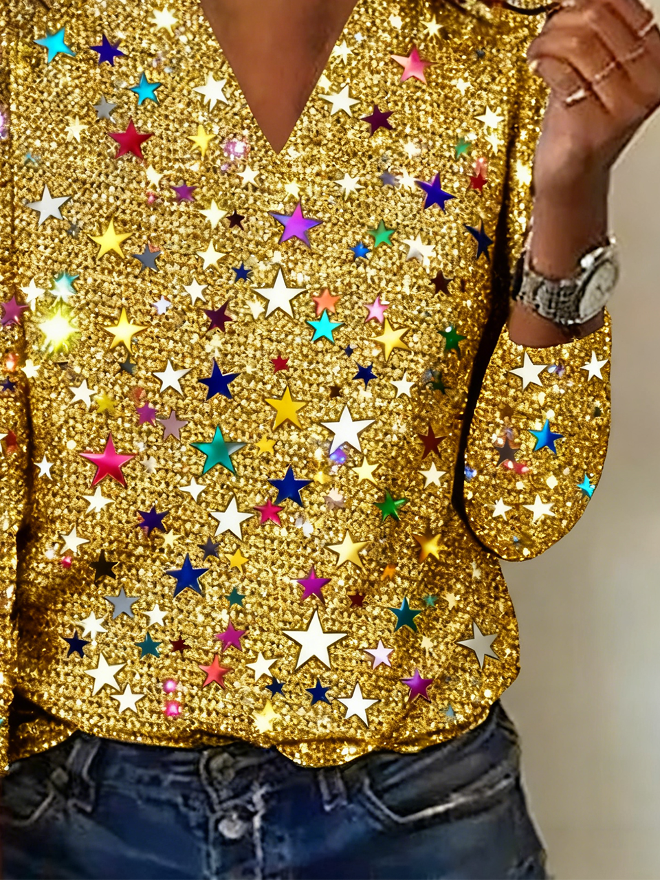 Lässig Stern V-Ausschnitt Langarm T-Shirt