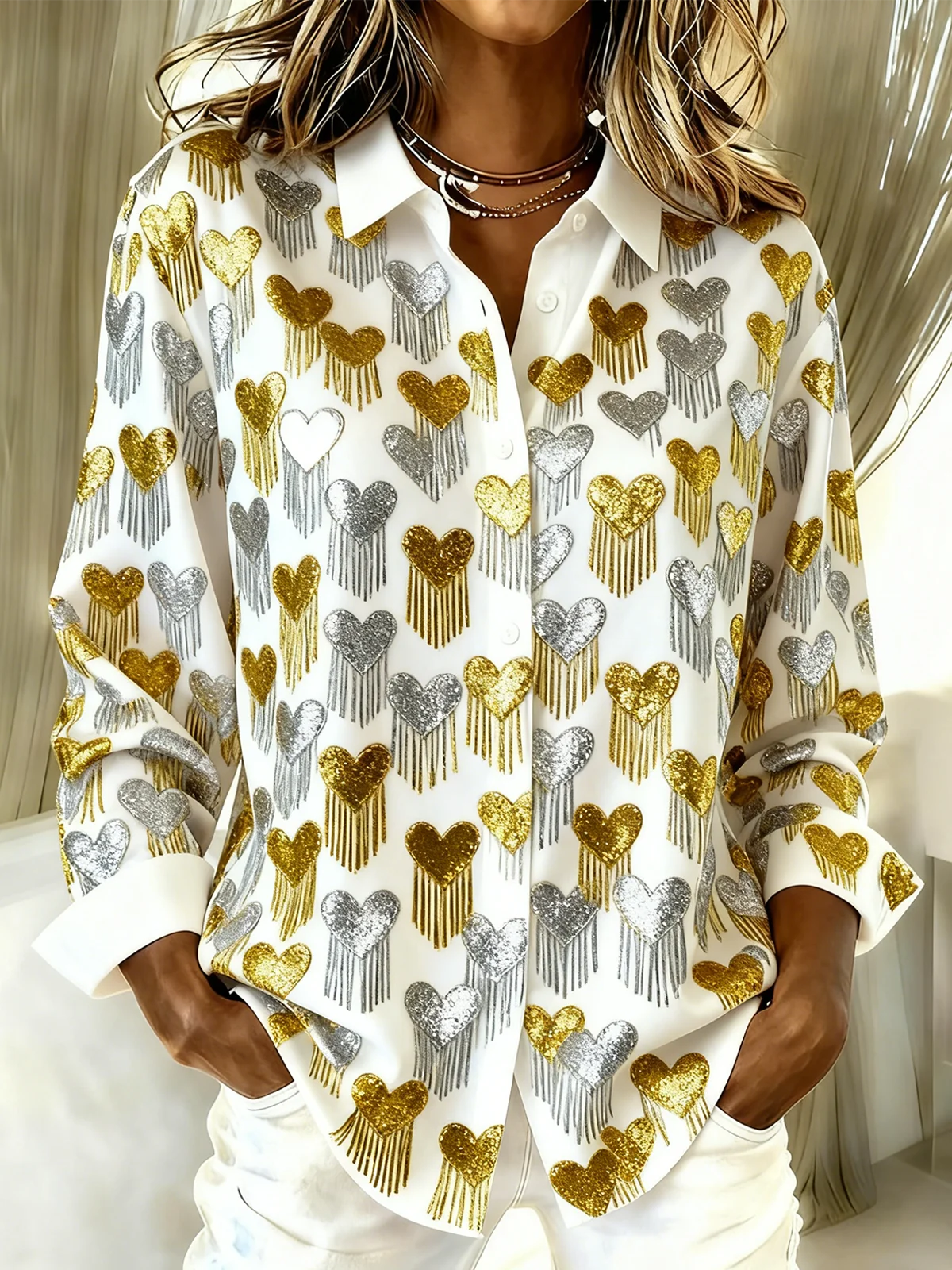 Hemdkragen Langarm Herz/Herz Regelmäßig Weit Bluse für Damen