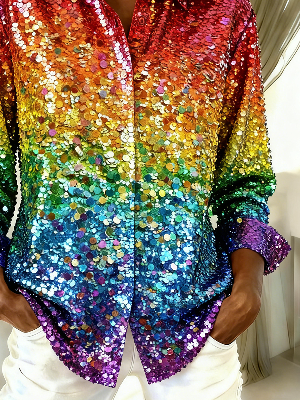 Hemdkragen Langarm Verlaufsmuster Regelmäßig Weit Bluse für Damen