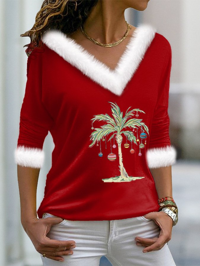 Lässig Geometrisch V-Ausschnitt Langarm T-Shirt