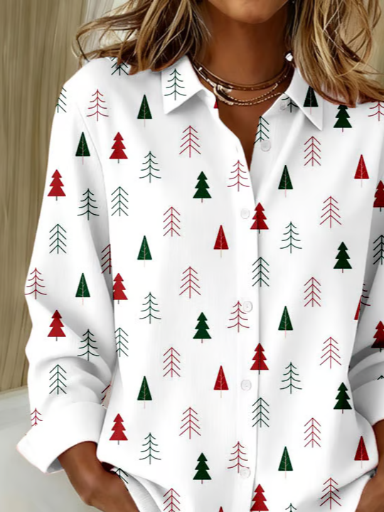 Hemdkragen Normale Ärmel Langarm Weihnachten Schnalle Regelmäßig Weit Knopfhemd Bluse für Damen