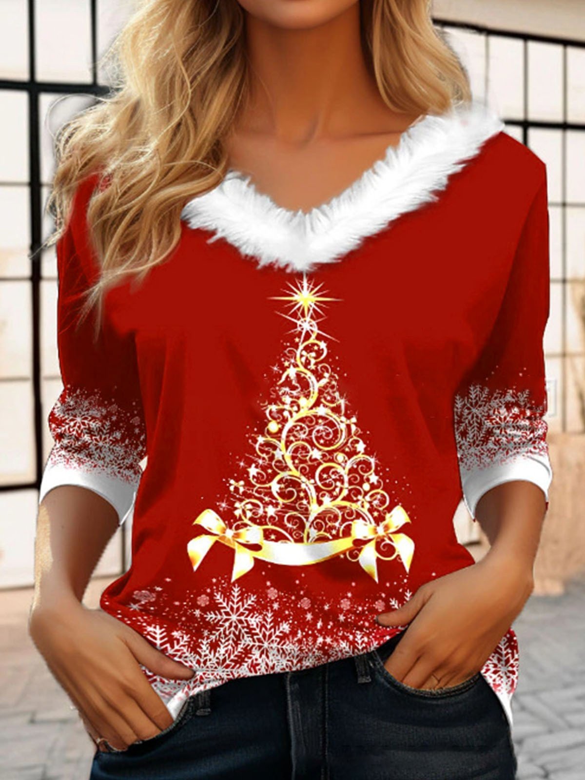 Lässig Geometrisch V-Ausschnitt Langarm T-Shirt