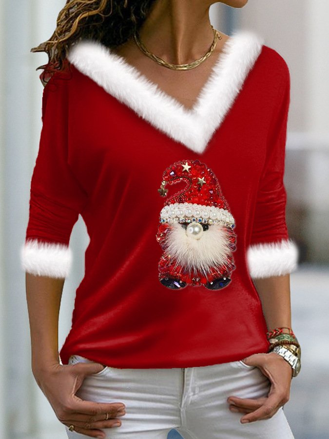 Lässig Geometrisch V-Ausschnitt Langarm T-Shirt