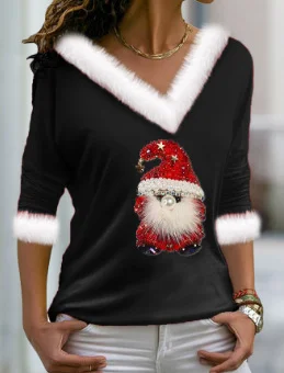 Lässig Geometrisch V-Ausschnitt Langarm T-Shirt