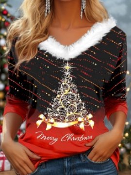 Lässig Geometrisch V-Ausschnitt Langarm T-Shirt