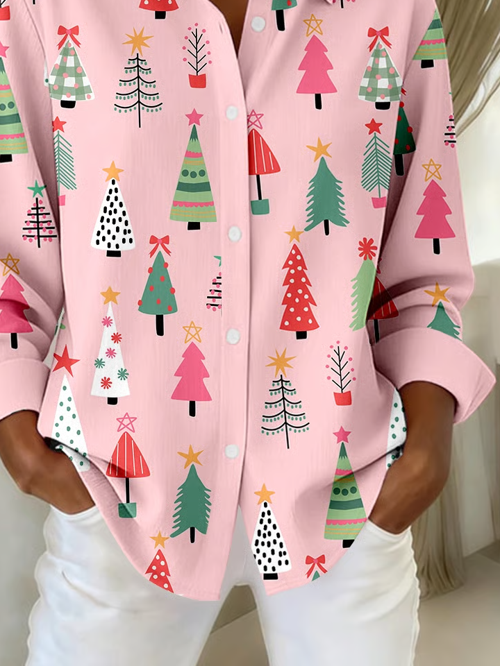 Hemdkragen Normale Ärmel Langarm Weihnachten Schnalle Regelmäßig Weit Knopfhemd Bluse für Damen