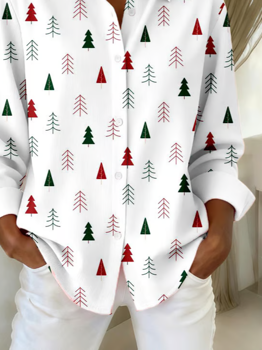 Hemdkragen Normale Ärmel Langarm Weihnachten Schnalle Regelmäßig Weit Knopfhemd Bluse für Damen