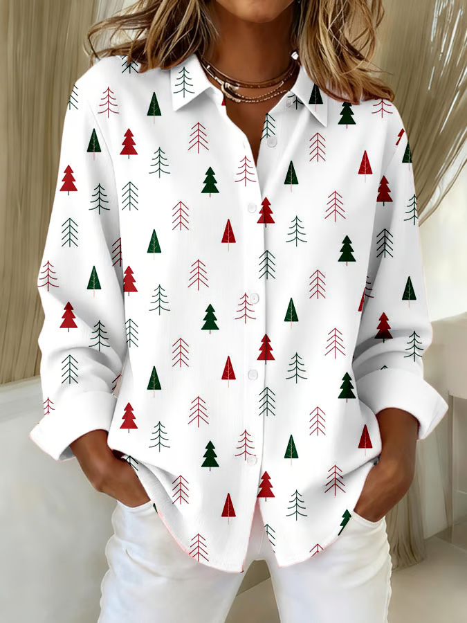 Hemdkragen Normale Ärmel Langarm Weihnachten Schnalle Regelmäßig Weit Knopfhemd Bluse für Damen