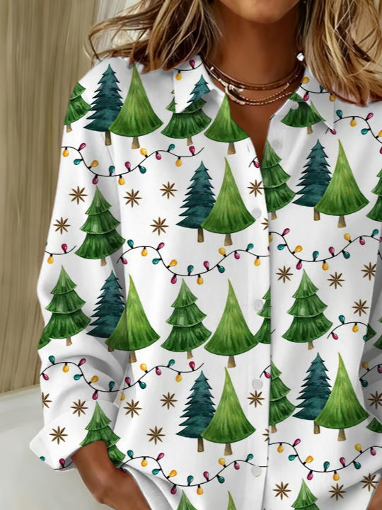 Hemdkragen Normale Ärmel Langarm Weihnachten Schnalle Regelmäßig Weit Knopfhemd Bluse für Damen