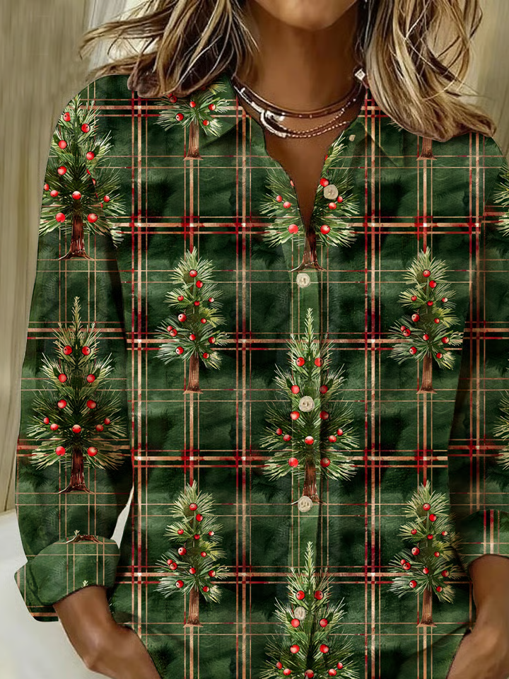 Hemdkragen Normale Ärmel Langarm Weihnachten Schnalle Regelmäßig Weit Knopfhemd Bluse für Damen
