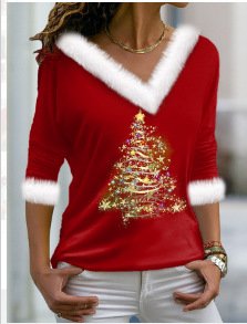 Lässig Geometrisch V-Ausschnitt Langarm T-Shirt