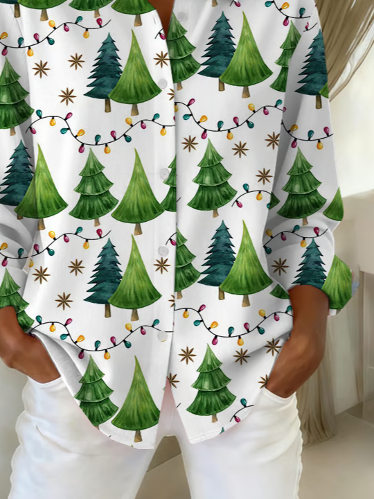 Hemdkragen Normale Ärmel Langarm Weihnachten Schnalle Regelmäßig Weit Knopfhemd Bluse für Damen