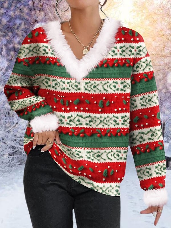 Lässig Geometrisch V-Ausschnitt Langarm T-Shirt