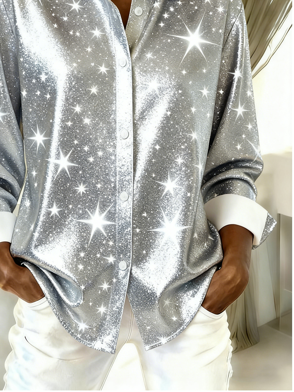 Hemdkragen Langarm Stern Regelmäßig Weit Bluse für Damen