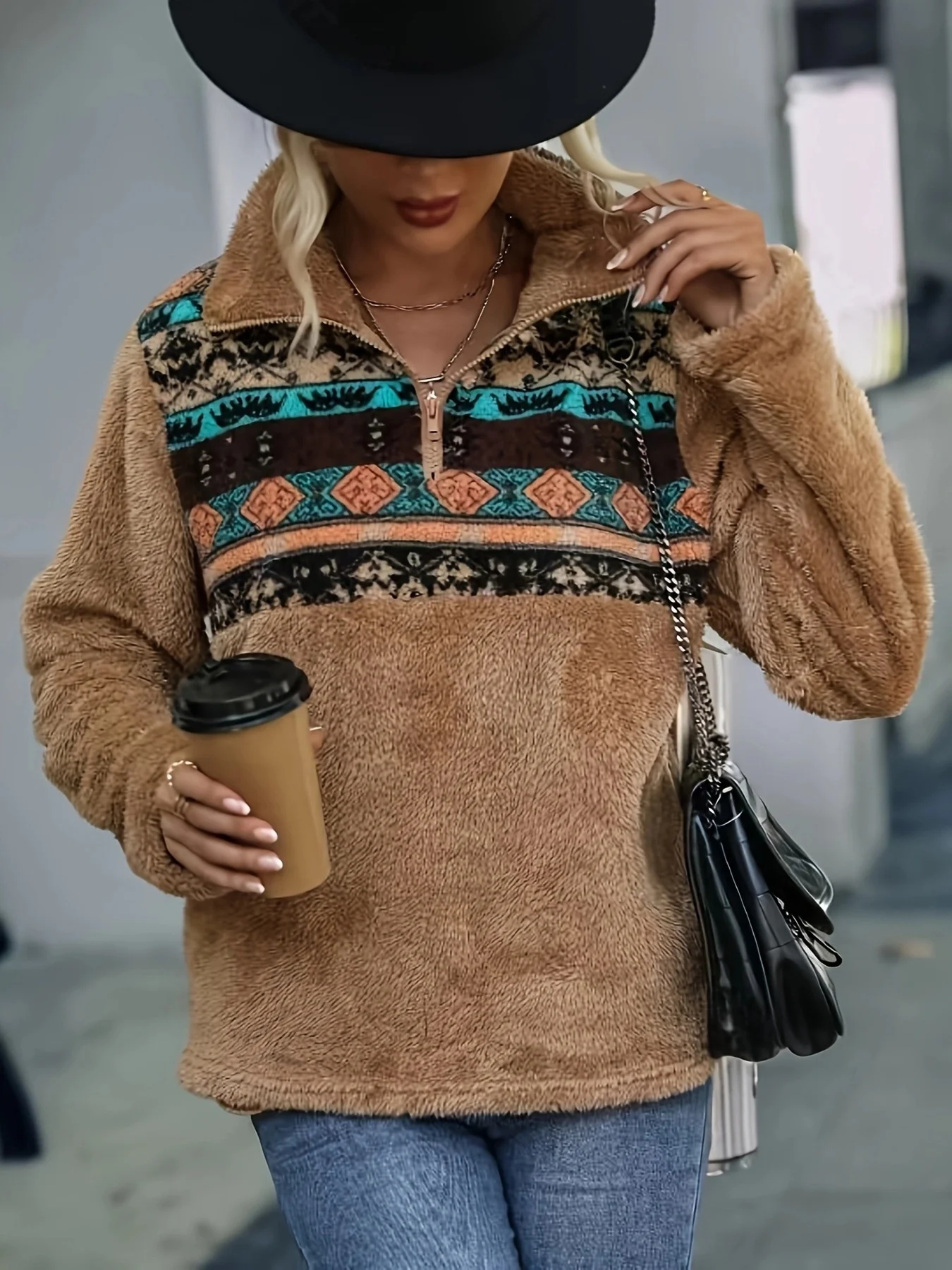 Retro Stehkragen Geometrisch Sweatshirt Print