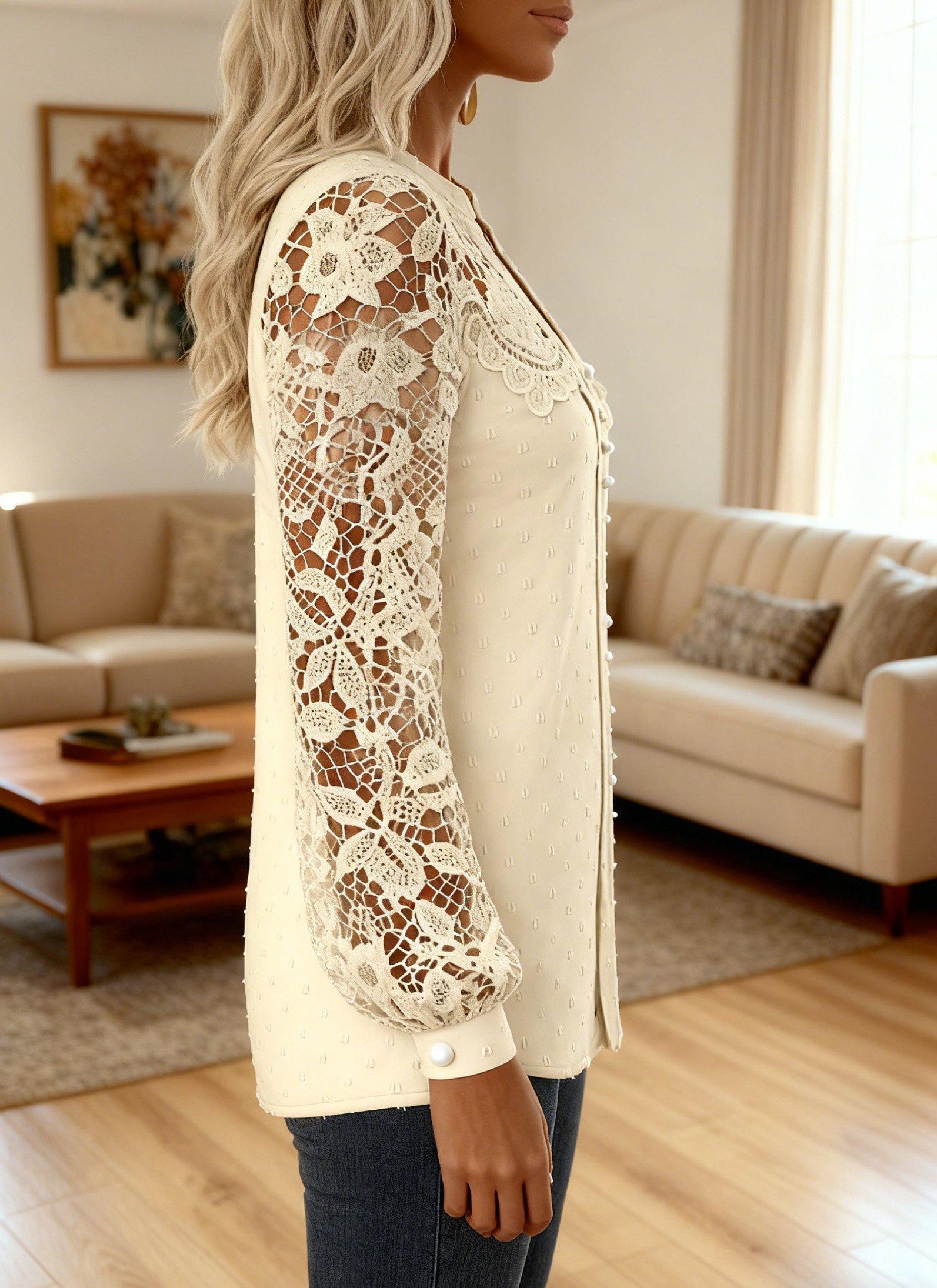 V-Ausschnitt Langarm Spitze Regelmäßig Regelmäßige Passform Bluse für Damen