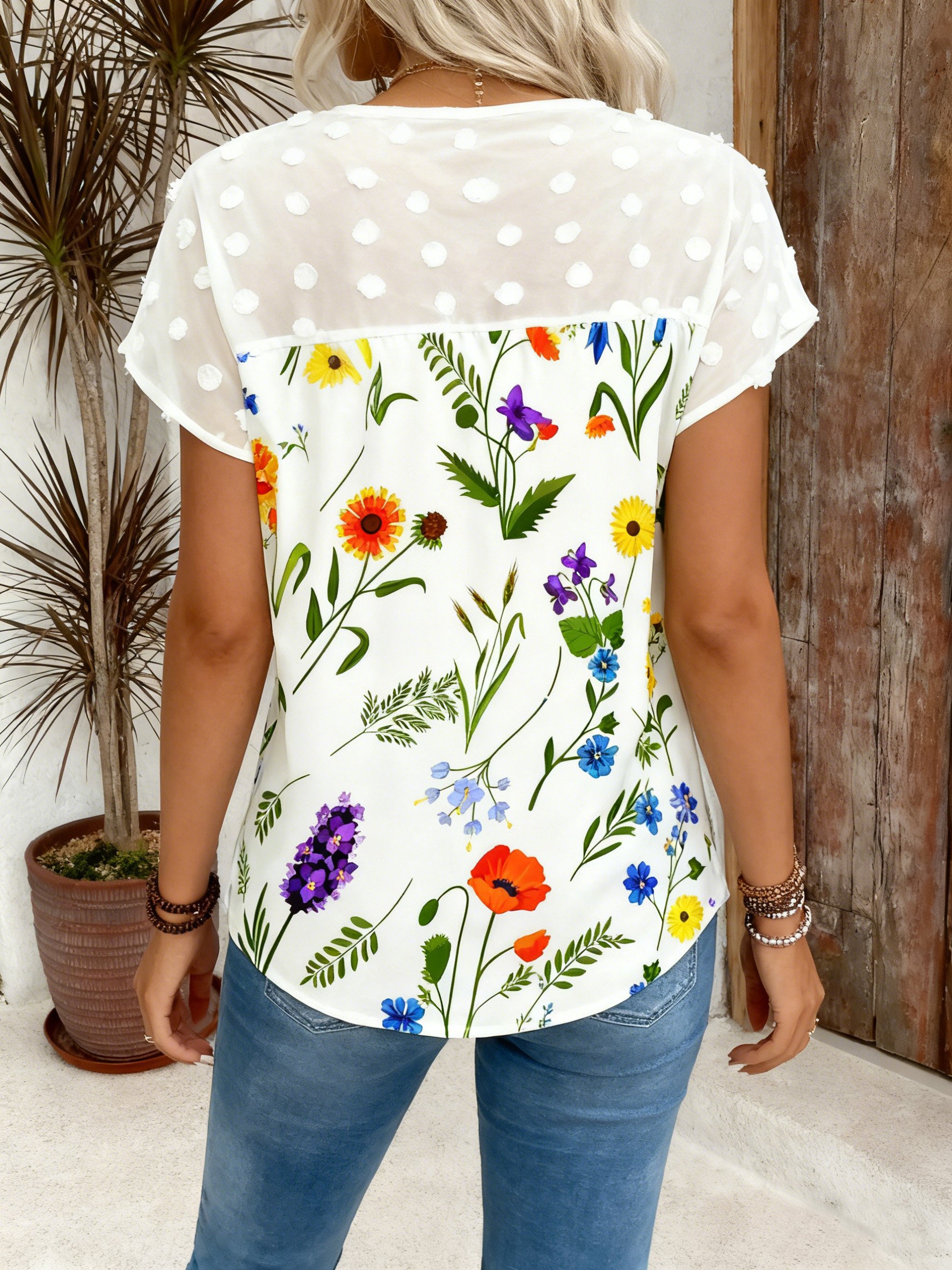 V-Ausschnitt Kurzarm Geblümt Regelmäßig Weit Bluse für Damen