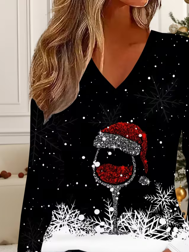 Lässig Weihnachten V-Ausschnitt Langarm T-Shirt