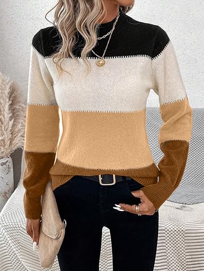 Damen Wollmischung Gestreift Langarm Bequem Lässig Pullover