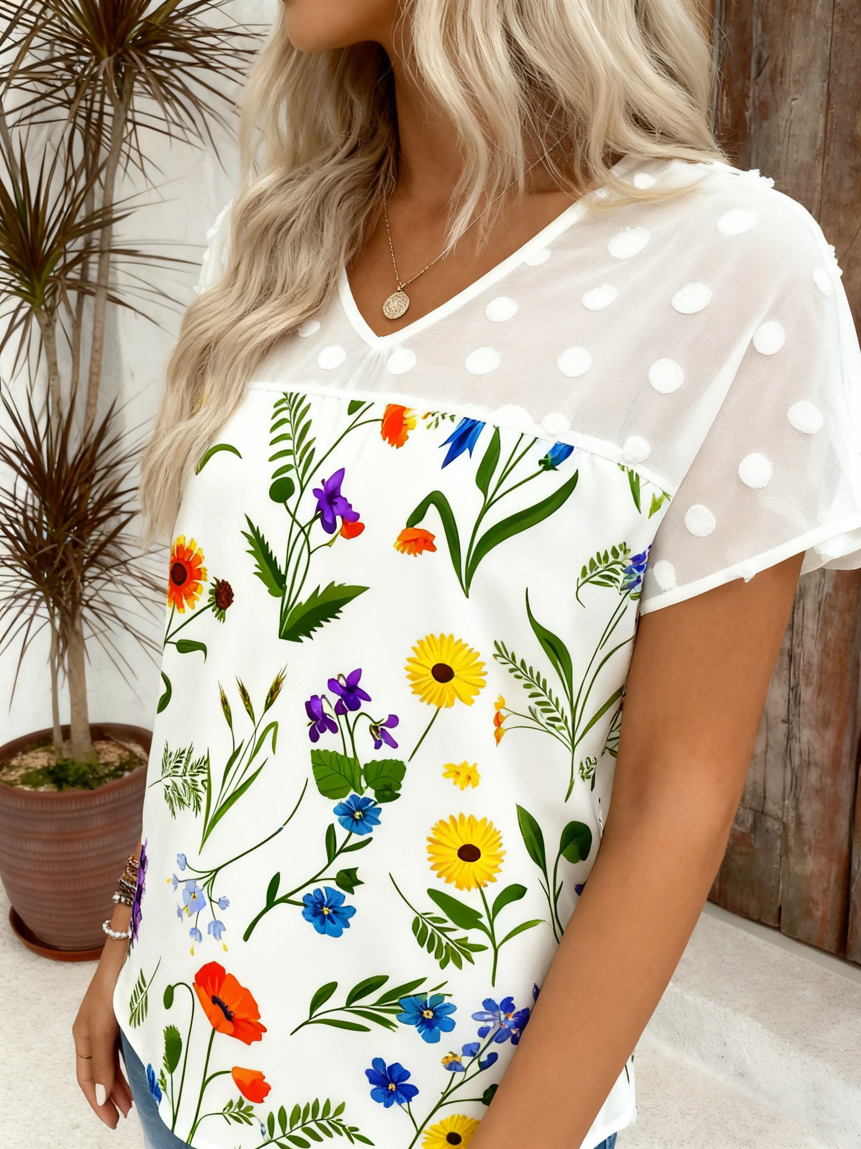 V-Ausschnitt Kurzarm Geblümt Regelmäßig Weit Bluse für Damen