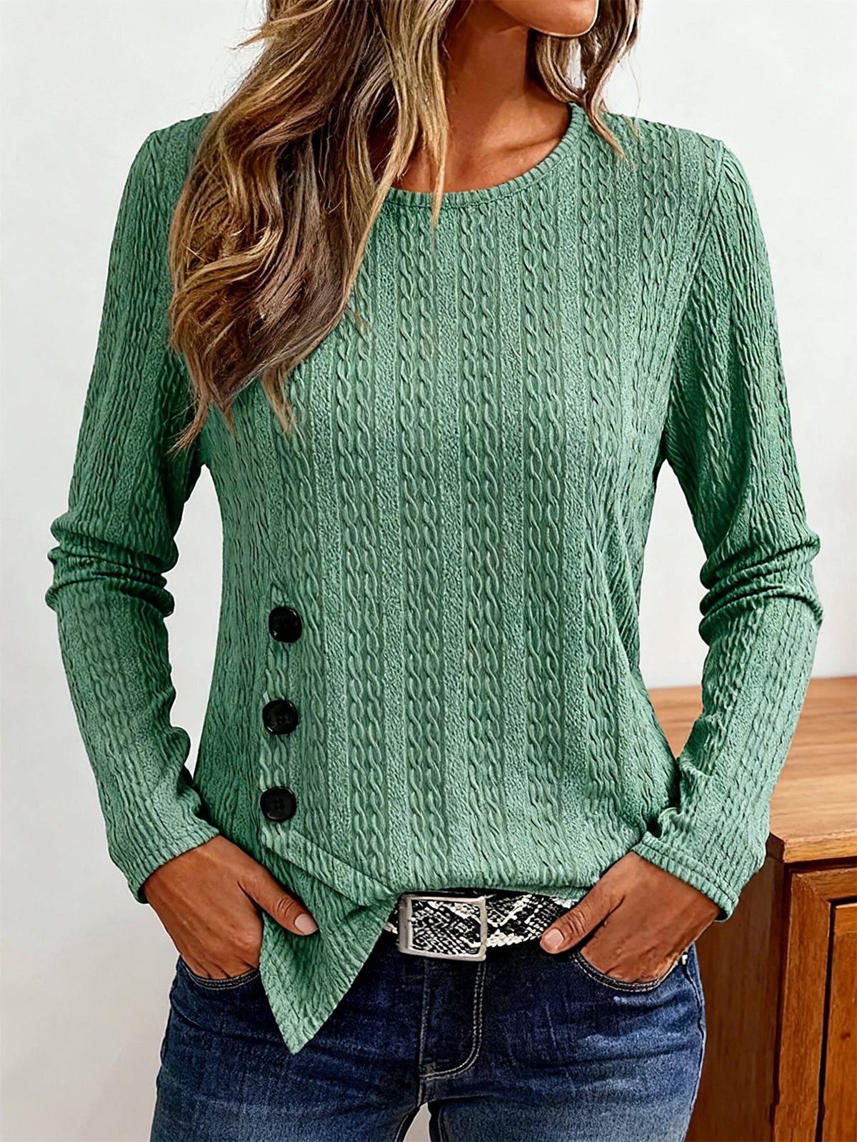 Lässig Unifarben Rundhals Langarm T-Shirt